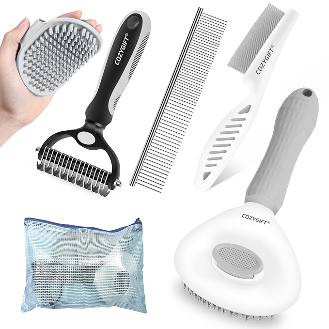 5 in 1 Dog Grooming Kit, Self Cleaning Slicker Brush for Shedding Short Long Haired Dogs & Cats, Includes Pet Comb, Flea Comb, Bath Brush, Undercoat Rake, Gray