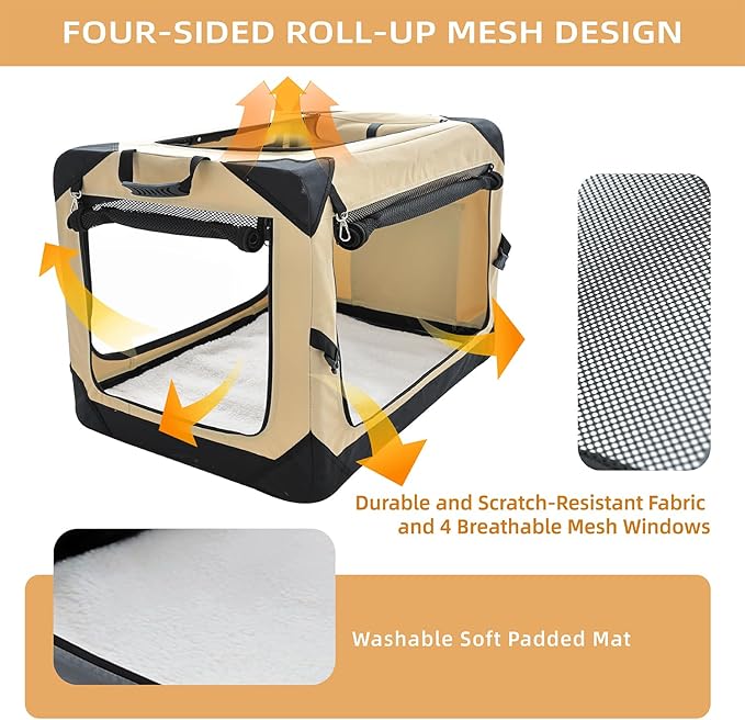 Pettycare 42 Inch Collapsible Dog Crate for Large Dogs, 4-Door Foldable Soft Kennel With Chew Proof Mesh Windows, Indoor & Outdoor Travel, Beige