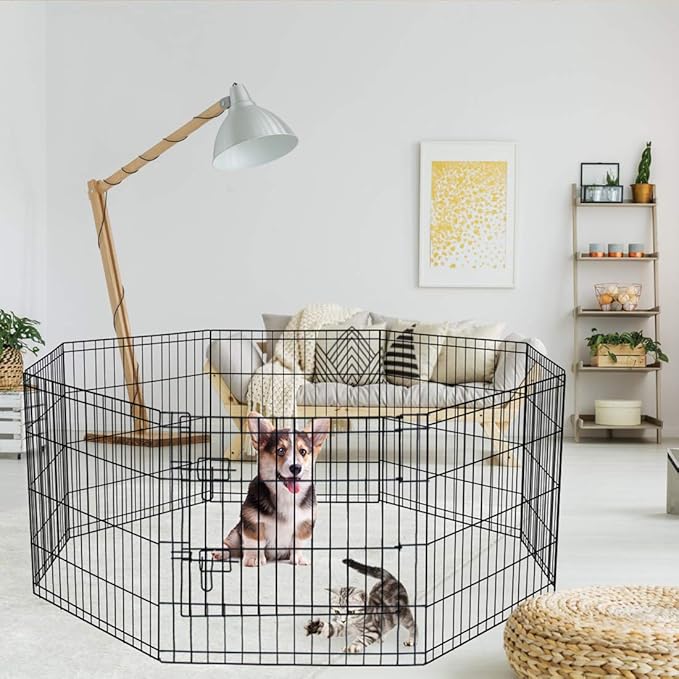 Artmeer Pet Playpen Puppy Playpen Kennels Dog Fence Exercise Pen Gate Fence Foldable Dog Crate 8 Panels 24 Inch Kennels Pen Playpen Options Ideal for Pet Animals Outdoor Indoor(Black 24''x24'')