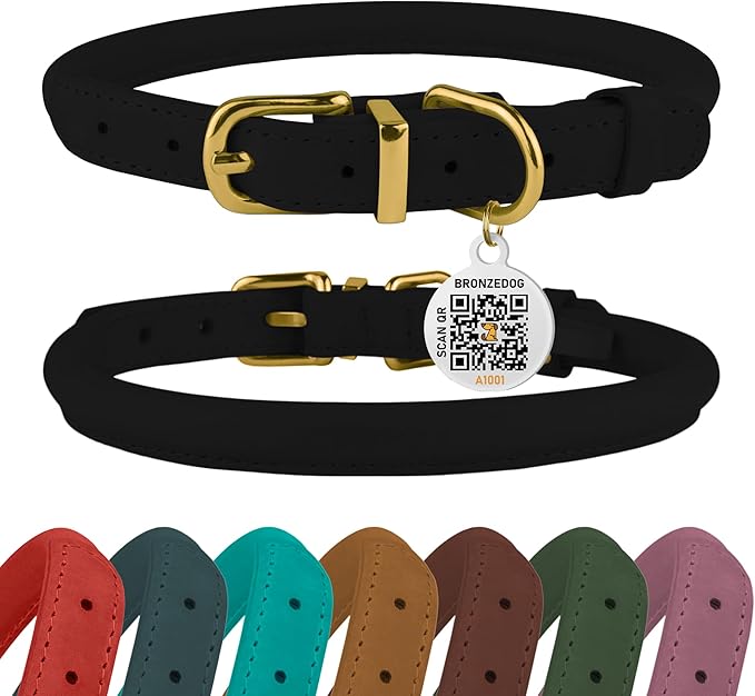 BRONZEDOG Rolled Leather Dog Collar with QR ID Tag Adjustable Soft Round Collars for Small Medium Large Dogs Puppy Cat (19" - 21" Neck Size, Black Night)