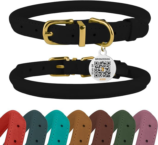 BRONZEDOG Rolled Leather Dog Collar with QR ID Tag Adjustable Soft Round Collars for Small Medium Large Dogs Puppy Cat (Black Night, 11-14 1/2 inch)…