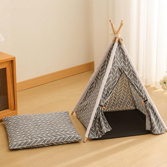 Pet Teepee, Portable Pet Tents for Small Dogs or Cats, Puppy Sweet Bed Washable Dog or Cat Houses with Cushion(Grey,24")