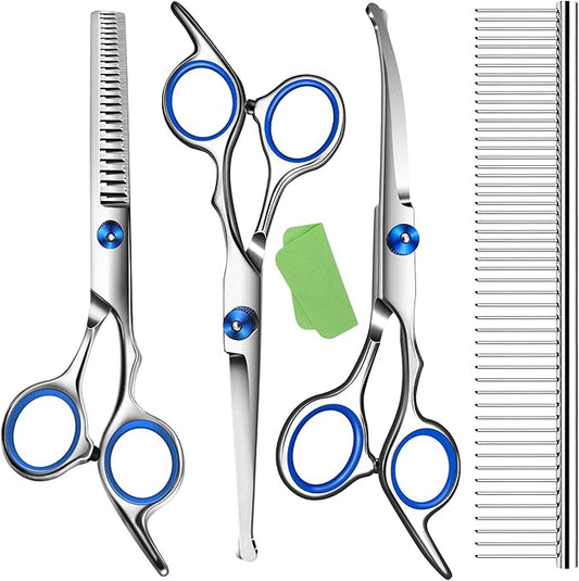 Dog Grooming Scissors with Safety Round Tip,Professional Dog Grooming Kit,Dog Hair Shears Set,Incude Thinning、 Curved、Straight Scissors and Comb. Suitable for The Right Hand