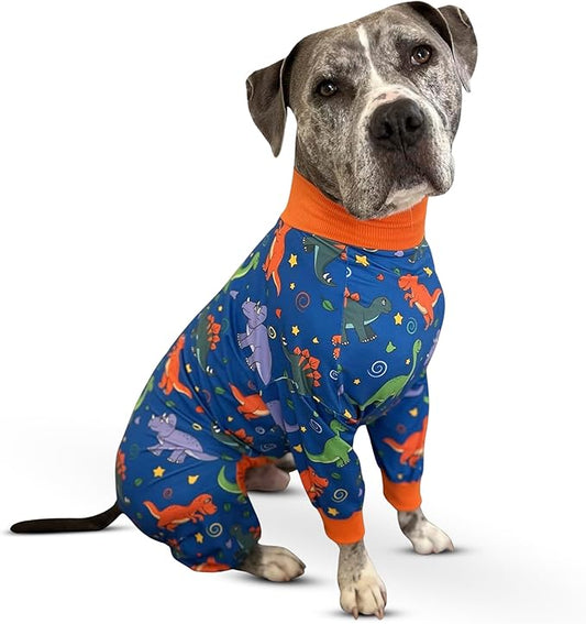 Tooth & Honey Pitbull Clothes – Premium Dinosaur Printed Pajamas for Large Breeds – Outfit for Recovery, Warmth & Shedding Control (Large)