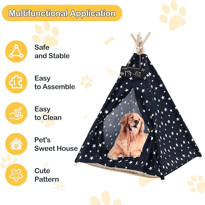 Pet Teepee Tent for Dogs & Cats, 24 Inch & 43 Inch Portable Indoor Dog House with Thick Cushion, Cat Teepee Washable Tent Dog Teepee Bed Indoor (43 Inch, Navy Blue Stars)