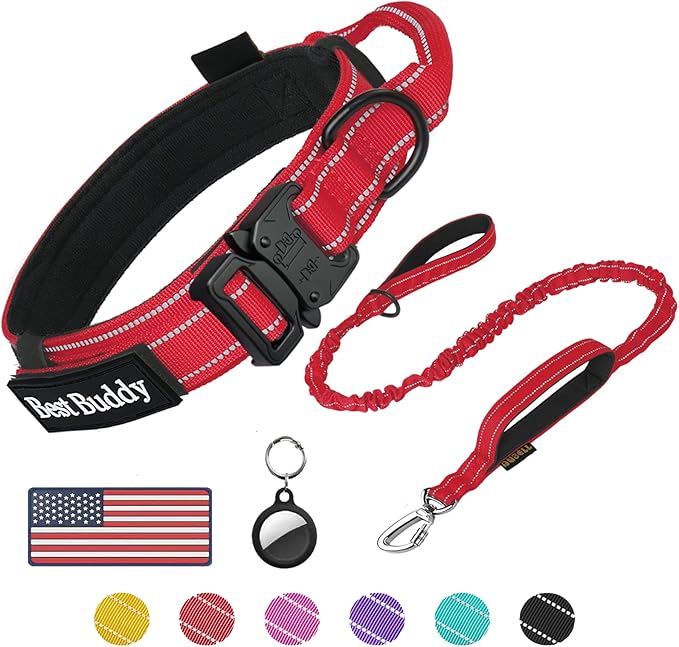 AUBELL Tactical Dog Collar and Leash Set, Adjustable Military Nylon Reflective Dog Leash and Collar with Handle and Heavy Metal Buckle for Medium Large Dogs, with Airtag Holder and 2 Patches (Red, XL)