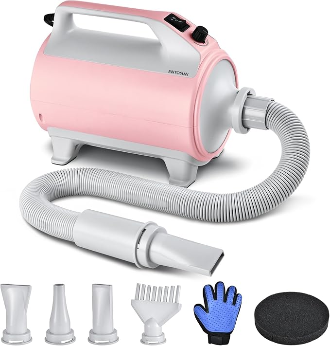 Entosun Dog Dryer, Pet Hair Dryer, 4.3hp/2800W Adjustable Speed and Temperature, High Velocity Dryer, Dog Blower Grooming Dryer with 4 Nozzles and Grooming Gloves (Pink)