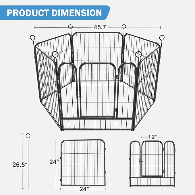 Dog Playpen 6 Panels 24'' Height Heavy Duty Dog Fence with Doors Outdoor Exercise Dog Fence for Large/Medium/Small Dogs Pets Playpen for RV, Camper, Yard