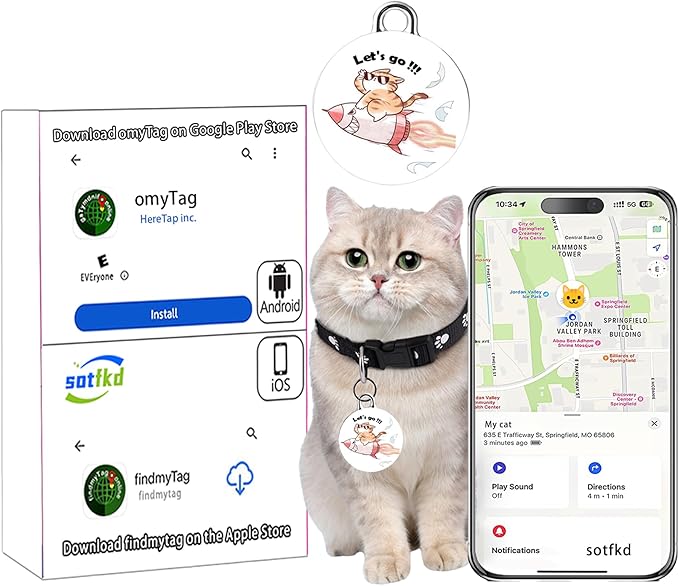 Cat Tracker-Airtag Cat Collar-GPS Tracker for Cats-Android Airtag-Pet Tracker| Android and iOS Universal | No Monthly Fee | No Charging Required | Waterproof | Works with Any Collar
