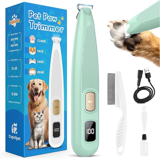 Dog Paw Trimmer with LED Light, 35dB Low Noise Precision Pet Paw Trimmer for Dogs Cats Grooming Clippers, 2 Speed Safety Electric Paw Hair Trimmer for Paws, Ears, Rump, Face, Eyes (Green)