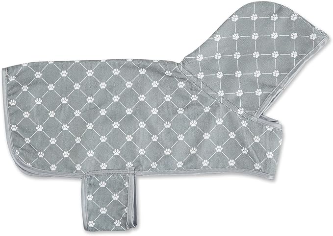 Bone Dry Pet Robe Collection, Trellis Paw Print, Absorbent Microfiber Bath Robe with Adjustable Closure for Dogs & Cats, Small, Gray