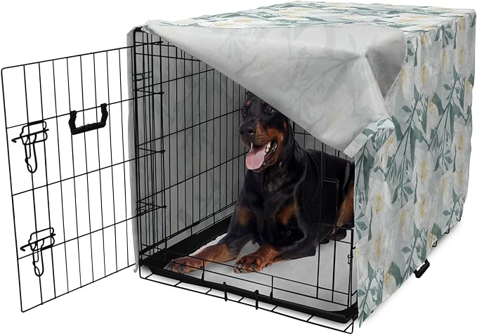 Lunarable Jasmine Dog Crate Cover, Delicate Pointy Petals Flower in Muted Tones, Easy to Use Pet Kennel Cover for Medium Large Dogs, 42 Inch, Pale Teal Pale Blue
