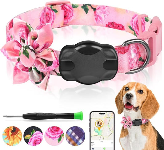 Airtag Dog Collar for Large Dogs, Rose-Pink Dog Collars Girl with AirTag Holder Waterproof Airtag Case, Including Flower Spring Dog Collar Bowtie, for All Female Dogs ﻿