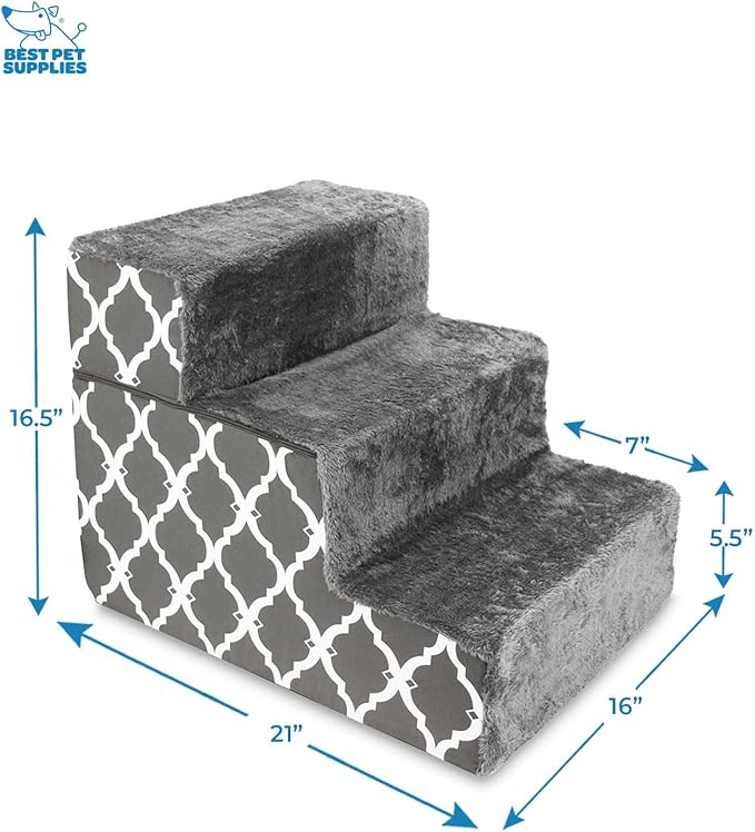 Best Pet Supplies Portable Foldable Foam Pet Stairs/Steps for Couch, Sofa, and High Bed, Non-Slip Bottom Balanced Paw Safe - Gray Lattice Print, Foldable 3-Step (H: 16.5")