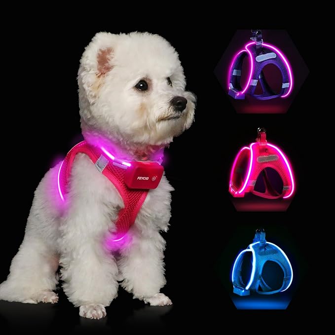 Light Up Dog Harness,LED Dog Harness Rechargeable, Lighted Dog Vest Harness for Night Walking,Reflective Safety Vest for Small Medium Large Dogs,Adjustable Soft Mesh,Pink,S