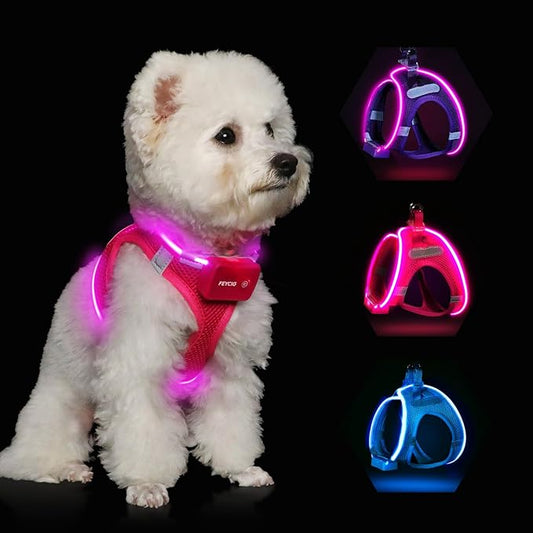 Light Up Dog Harness,LED Dog Harness Rechargeable, Lighted Dog Vest Harness for Night Walking,Reflective Safety Vest for Small Medium Large Dogs,Adjustable Soft Mesh,Pink,XS