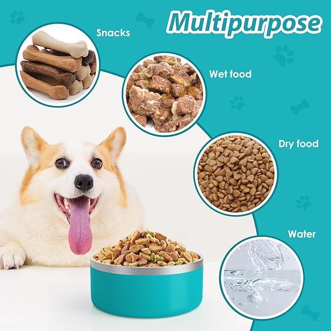 IKITCHEN Dog Bowl for Food and Water, 64 Oz Stainless Steel Pet Feeding Bowl, Durable Non-Skid Double Wall Insulated Heavy Duty with Rubber Bottom for Medium Large Dogs (64 Ounces/8 Cup, Lakeblue)