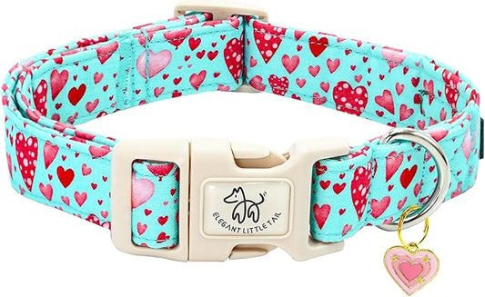 Elegant little tail Valentine's Day Dog Collar-Cute Pink Heart Dog Collar for Small Dogs, Female or Male Adjustable Cotton Pet Collar with Quick Release Buckle for Small Medium Large Dogs
