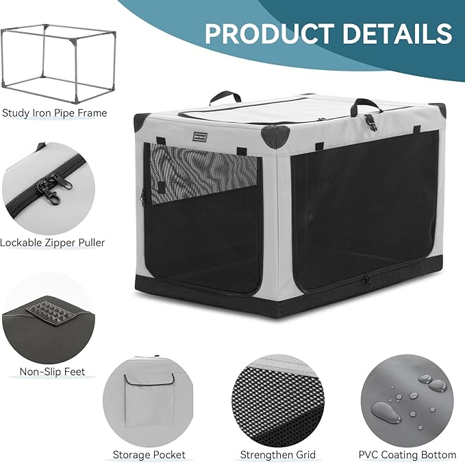PETSFIT Collapsible Dog Crate, with Patented Adjustable Fabric Cover, Chewproof & Lockable Mesh Doors, Waterproof Base Portable Kennel Grey 30 Inch