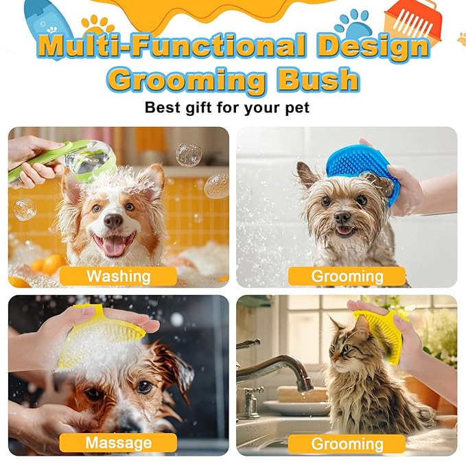 3Pcs Dog Bath Brush, Dog Scrubber for Bath, Dog Shampoo Brush Bubble Maker, Dog Paw Washer, dog grooming Massage Brush with Adjustable Ring Handle, dog accessories for Short & Long Hair -Green