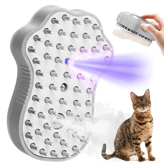Cat Steam Brush for Shedding, 4 in 1 Steamy Cat Brush with Cleanser, Dog Massage Grooming Brush with Release Button, Pet Hair Cleaning Misting Comb for Kitten(Grey Paw)