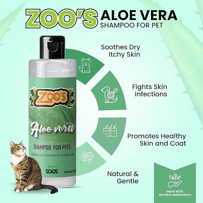 Zoo’s Pet Aloe Vera Shampoo for Dogs and Cats - Fast Absorbing, Moisturize Skin & Fur for Stronger, Thicker Coat - Remove Dead Skin Cells - 500ml