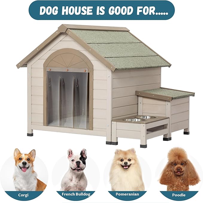 Outdoor Fir Wood Dog House,Elevated Feeding Table Dog Crate with 2 Bowls,Open Room Door Top Dog Kennel with Storage Box and Plastic Door Curtain,Rain and Wind Proof Cage,for Doggy,Pets,Cream