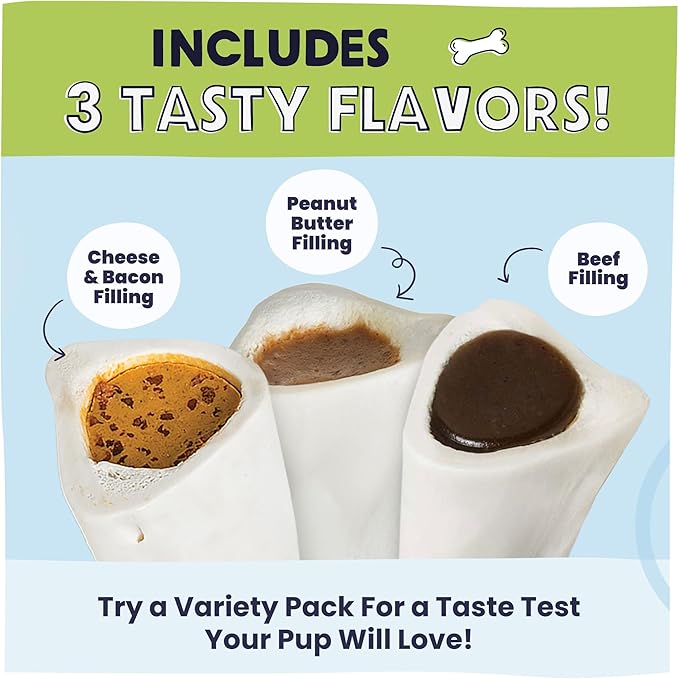 Pawstruck Large 5-6” Filled Dog Bones Variety Pack - Peanut Butter, Cheese & Bacon, Beef Flavors - Made in USA Long Lasting Stuffed Femur Treat for Aggressive Chewers - Pack of 3 - Packaging May Vary