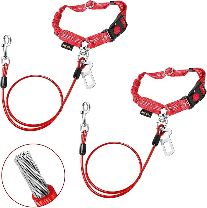 Chew Proof Dog Car Seat Belt, 2 in 1 Steel Cable Dog Car Accessories Headrest Restraint Dog Car Seatbelt for Medium Large Dogs Chewer Heavy Duty Dog Seatbelts for Cars Swivel Attach