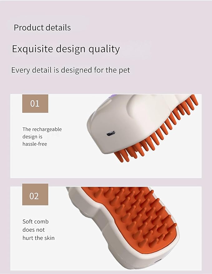 Cat Steam Brush: 3-in-1 Pet Grooming Steamer, Steamy Hair Brush for Cats, Undercoat Removal, Detangle, Removes Fleas, White, Hair Brush