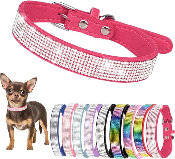 Small Dog Collars for Female Dogs, Rhinestone Dog Collar with Diamond Crystal Glitter Bling Female Cat Collars for Puppy XXS XS Small Dogs and Kitten, Hot Pink, S