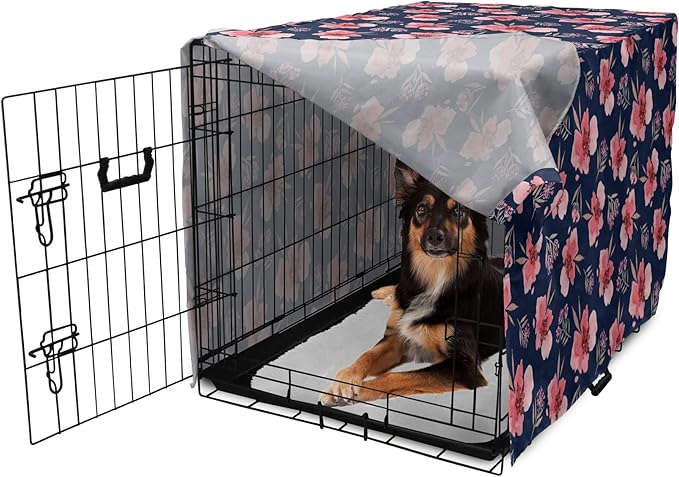 Ambesonne Watercolor Dog Crate Cover, Nature Inspired Composition with Pink Garden Flora Vintage Petals, Easy to Use Pet Kennel Cover for Medium Large Dogs, 36 Inch, Navy Blue Coral