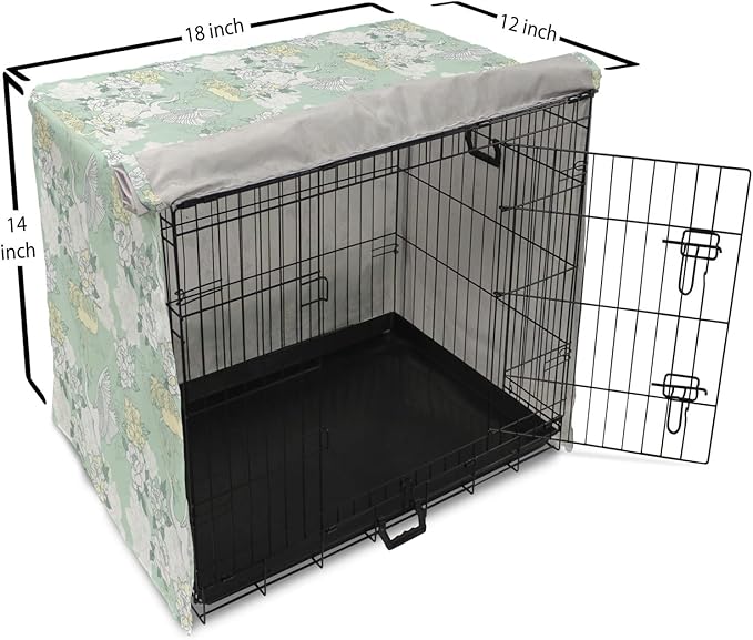 Lunarable Traditional Dog Crate Cover, Japanese Cranes Peonies Cultural Aspects Symbolic of Happy Life, Easy to Use Pet Kennel Cover for Small Dogs Puppies Kittens, 18 Inch, Avocado Green Pale Green