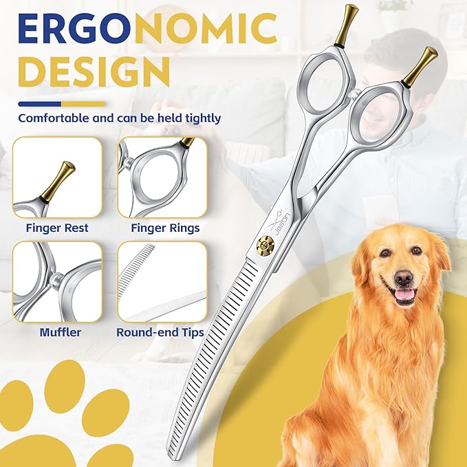 JASON Dog Thinners for Grooming - 7" Down-curved Blender Scissors with 30%-35% Thinning Rate, Japanese 440C Stainless Steel Dog Grooming Thinning Shears with Adjustable Screw (40 Teeth, Silver)