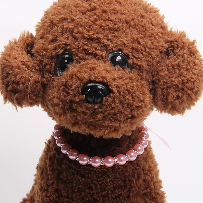 Dog Cat Pearls Necklace Collar with Bling Accessories and Ribbon Bow Pet Puppy Jewelry for Female Dogs Cats Small Medium (XL, Pink)