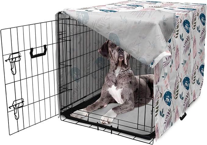 Ambesonne Leaves Dog Crate Cover, Abstract Foliage in Pastel Colors Tropical Jungle Forest Plants with Grunge Effect, Easy to Use Pet Kennel Cover for Medium Large Dogs, 48 Inch, Petrol Blue Baby Pink