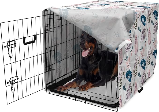 Ambesonne Leaves Dog Crate Cover, Abstract Foliage in Pastel Colors Tropical Jungle Forest Plants with Grunge Effect, Easy to Use Pet Kennel Cover for Medium Large Dogs, 42 Inch, Petrol Blue Baby Pink