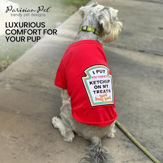 Parisian Pet Dog Shirt - Embroidered “I Put Ketchup on My Treats“ - 100% Cotton and Polyester Dog Clothes - Sleeved, Lightweight Costume for Dogs - Red Dog Shirts for Medium Dogs - Pet Costumes - M