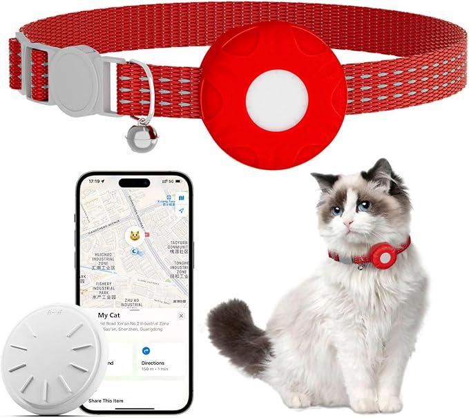 Cat Tracker Collar,No Monthly Fee Tracking Pet Collar with Finder Tag,Compatible with Apple Find My(iOS Only),Breakaway Tractive Design with Reflective Pattern & Bell,Red