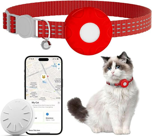Cat Tracker Collar,No Monthly Fee Tracking Pet Collar with Finder Tag,Compatible with Apple Find My(iOS Only),Breakaway Tractive Design with Reflective Pattern & Bell,Red