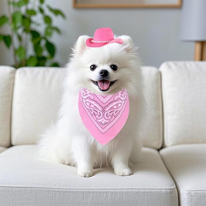Pet Cowboy Costume Accessories Halloween Costumes for Small Pet Dogs Cat Cowboy Hat for Dogs and Bandana Scarf Halloween Party Western Cosplay Accessories (Pink, Small)