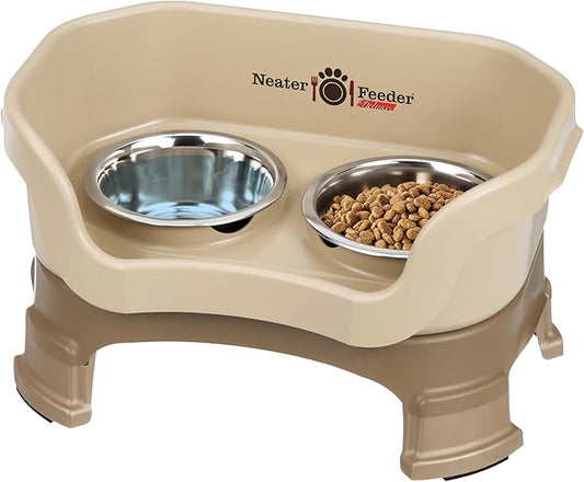 Neater Feeder Deluxe Mess Proof Dog Bowls Elevated for Small Breeds – Made in USA – No Spill Raised Dog Food Bowl Stand w/Leg Extensions – Stainless Steel Dog Food and Water Bowl Set – Beige
