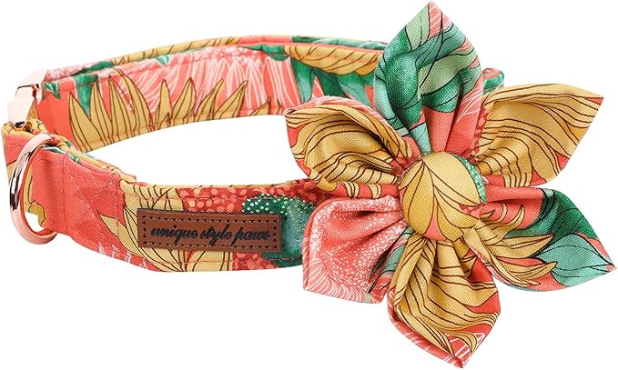 Uniqe Style Paws Flower Dog Collar, Adjustable Girl Dog Collar with Flower, Durable Sunflower Floral Pattern Pet Collar for X-Large Female Dogs