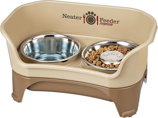 Neater Feeder - Express Model w/Slow Feed Bowl - Mess-Proof Dog Bowls (M/L, Cappuccino) Made in USA –Elevated, No Spill, Non-Tip, Non-Slip, Raised Stainless Steel Food/Water Pet Bowls Aid Digestion