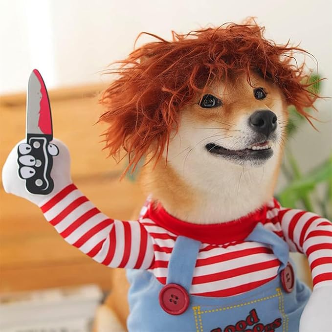 Dog Halloween Costumes, Deadly Doll- Chucky Dog Costume with Knife for Pets, Funny Costumes Halloween for Small Dogs [XS]