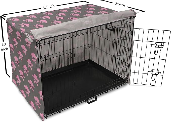 Lunarable Skull Dog Crate Cover, Vivid Pirate on Pale Background Head of a Skeleton and Bones Halloween Themed, Easy to Use Pet Kennel Cover for Medium Large Dogs, 42 Inch, Pink Taupe