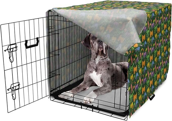 Ambesonne Dog Dog Crate Cover, Illustration of Various Colorful Animals Assorted Cartoon Style Pets, Easy to Use Pet Kennel Cover for Medium Large Dogs, 48 Inch, Hunter Green Multicolor