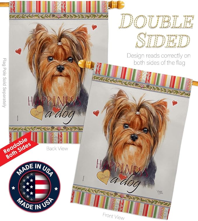 Breeze Decor Yorkie Happiness Garden House Flag Kit Dog Puppy Spoiled Paw Canine Fur Pet Nature Farm Animal Creature Decoration Banner Small Yard Gift Double-Sided, Made in USA