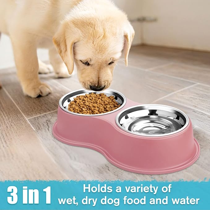 Dog Bowls Double Dog Water and Food Bowls Stainless Steel Bowls with Non-Slip Resin Station, Pet Feeder Bowls for Puppy Medium Dogs Cats