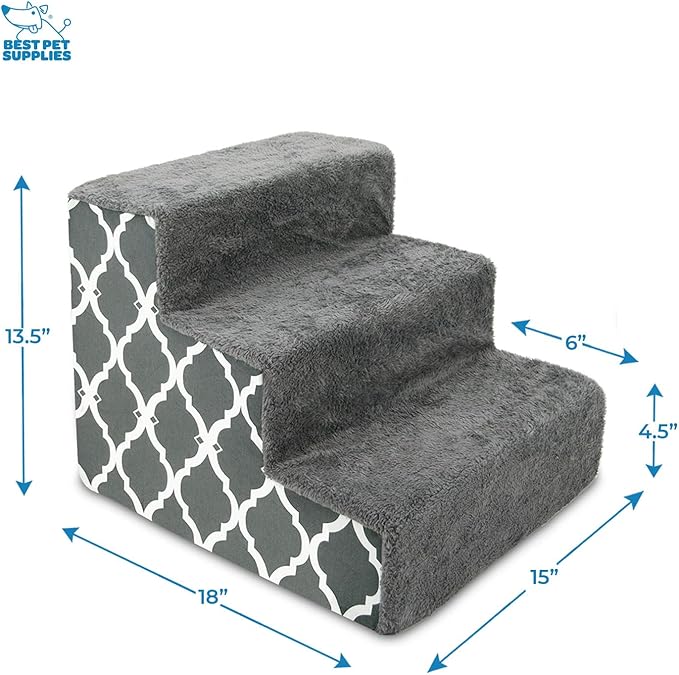 Best Pet Supplies Foam Pet Steps for Small Dogs and Cats, Portable Ramp Stairs for Couch, Sofa, and High Bed Climbing, Non-Slip Balanced Step Support, Paw Safe - Gray Lattice Print, 3-Step (H: 13.5")
